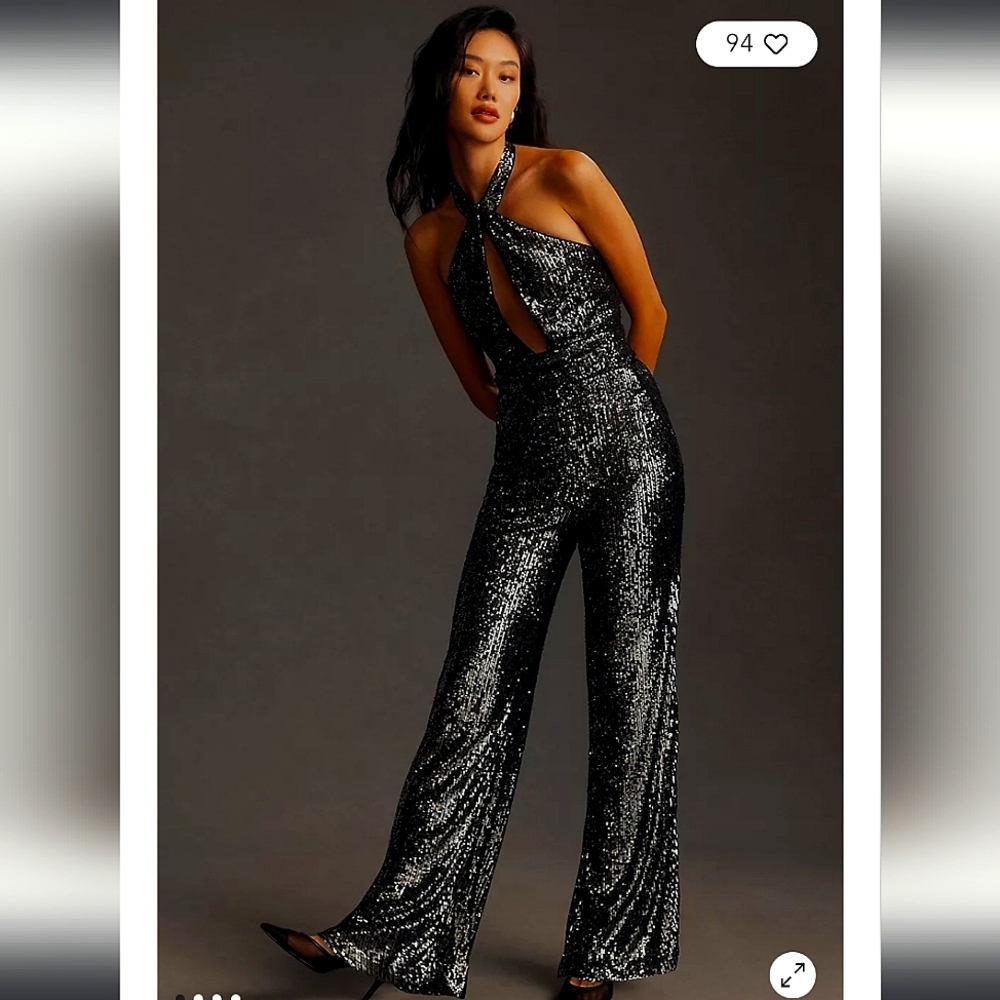 Anthropologie Maeve Sequin Cut-Out Black Halter Wide-Leg Jumpsuit Small size 4